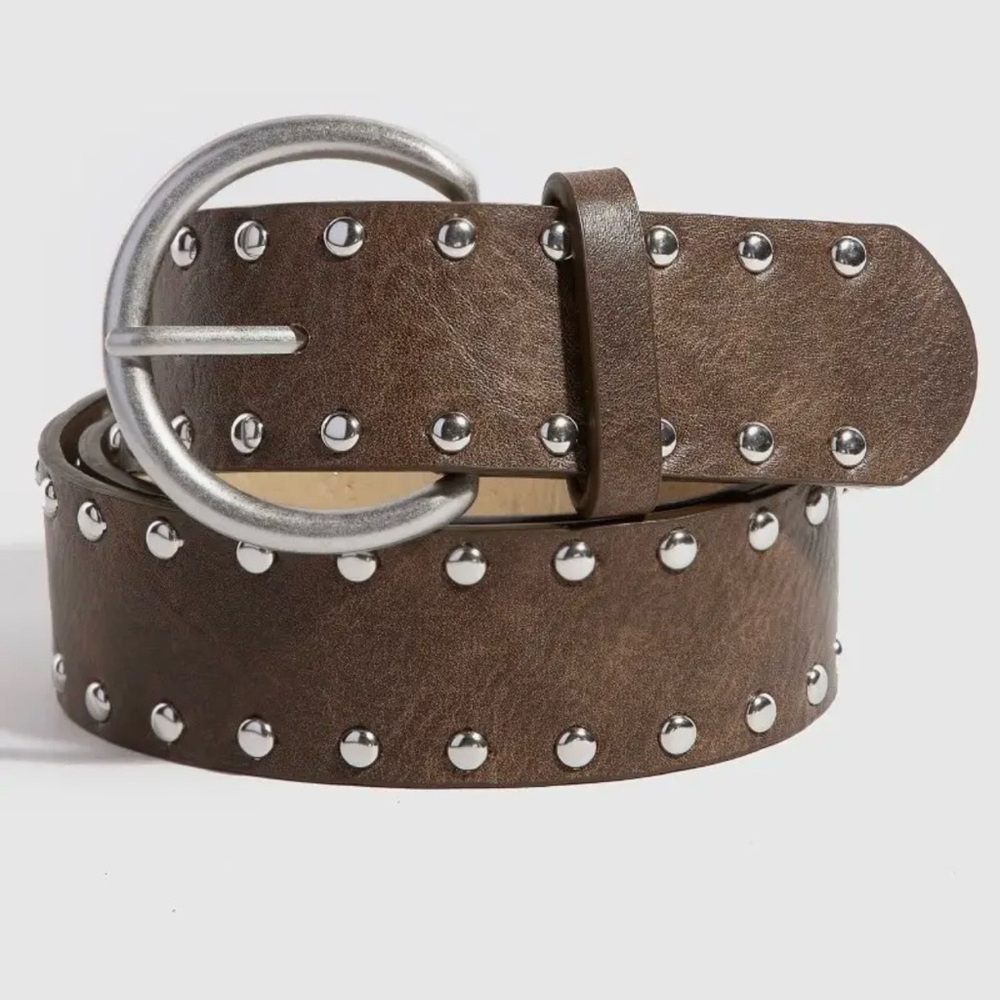 Brown Studded Vegan Leather Belt - Silver Hardware